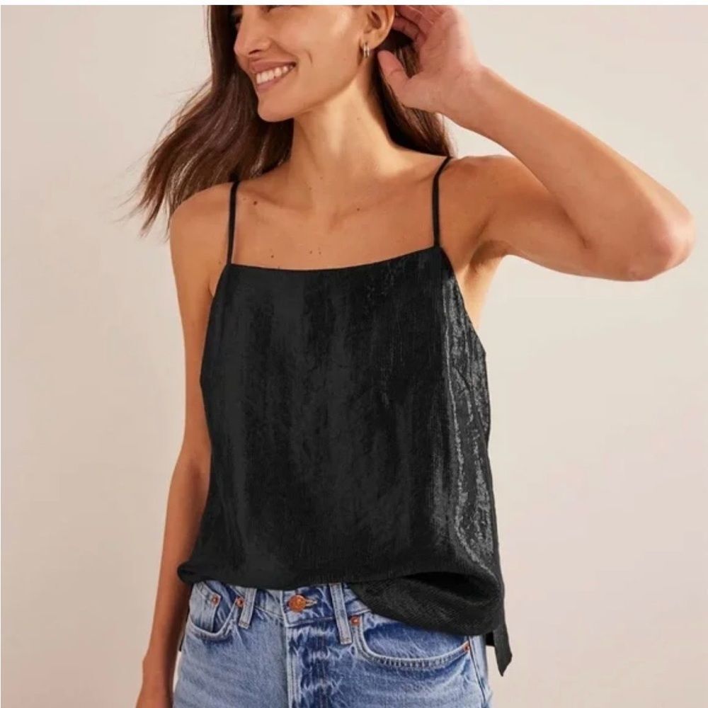 Boden Sateen Cami Top Sz 12 Black Square Neck Adjustable‎ Straps Textured